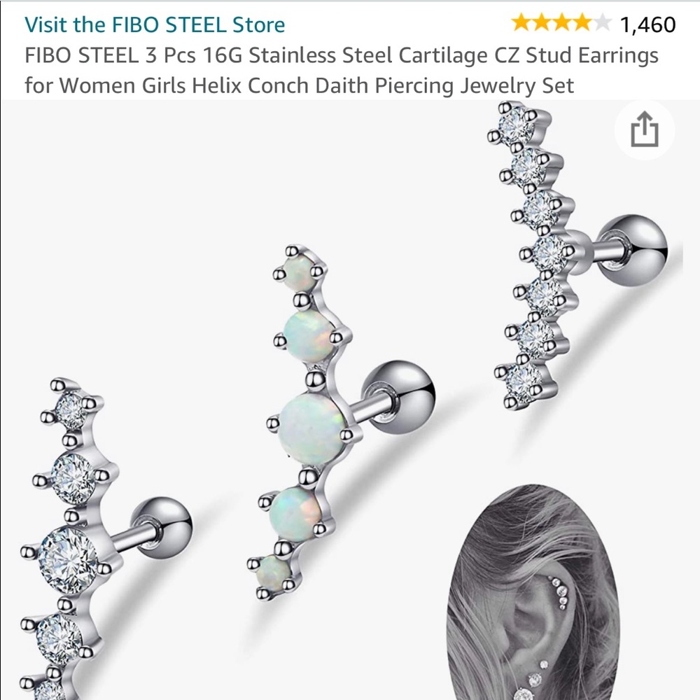 3 piece 16G stainless steel cartilage cz stud